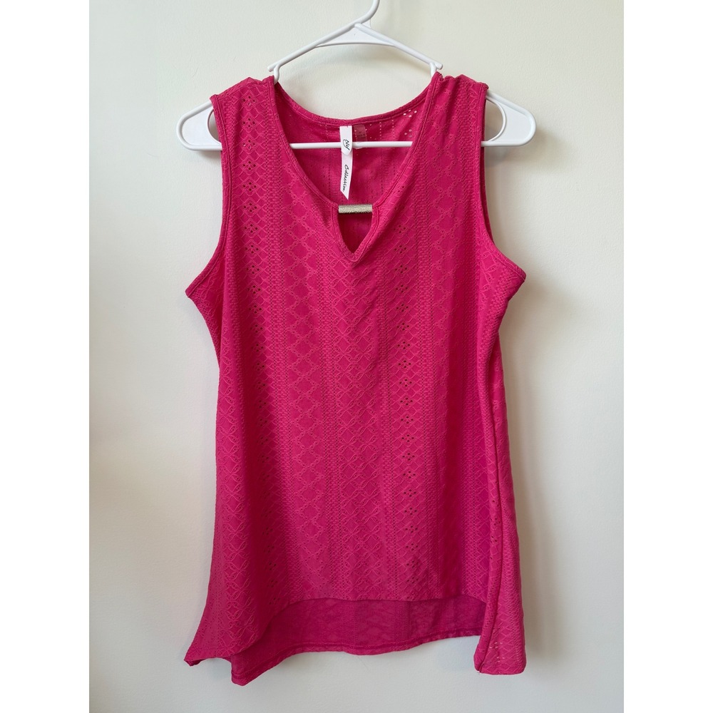 NY Collection Womens Fuchsia Pink Eyelet Knit V-Neck Tank Top Silver Bar Detail